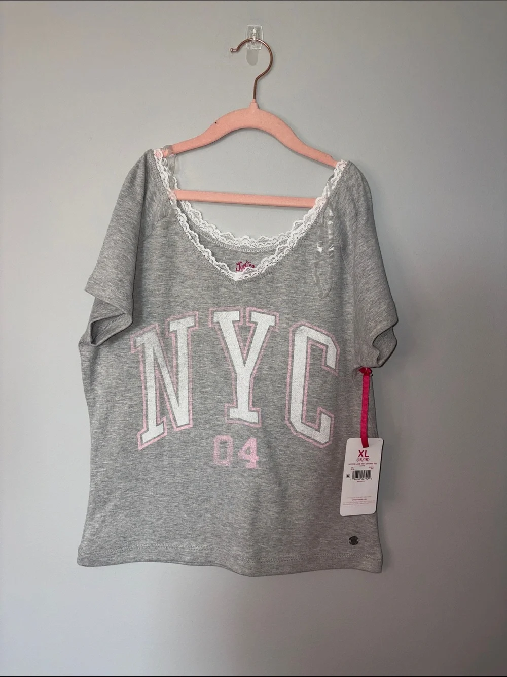 Justice Gray Tee with Pink Lettering and Hot Pink Tag Ribbon